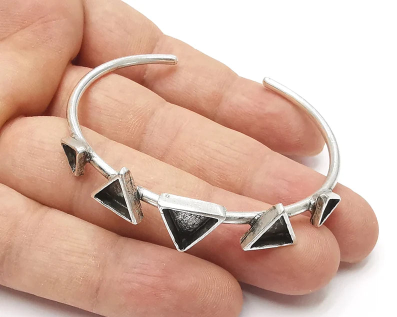 Triangle silver bracelet brass cuff blank bezel Glass cabochon base Adjustable antique silver brass G26181