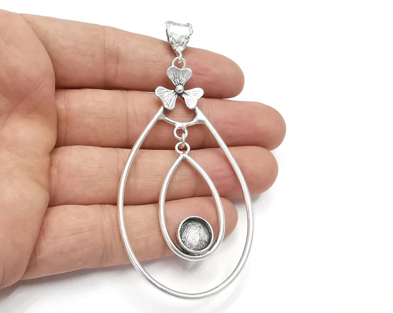 Flower pendant dangle base setting bezel blank Antique silver plated brass pendant (92x44 mm)(10 mm blank) G26361