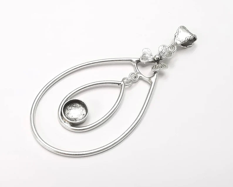 Flower pendant dangle base setting bezel blank Antique silver plated brass pendant (92x44 mm)(10 mm blank) G26361