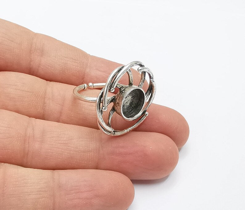 Silver ring setting blank cabochon mounting Adjustable ring base bezel Antique Silver Plated Brass (10mm) G26362