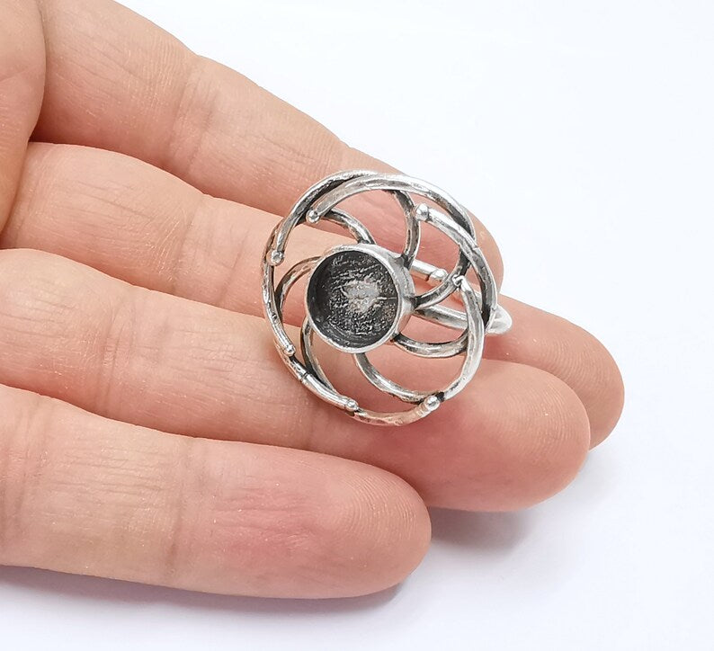 Silver ring setting blank cabochon mounting Adjustable ring base bezel Antique Silver Plated Brass (10mm) G26362