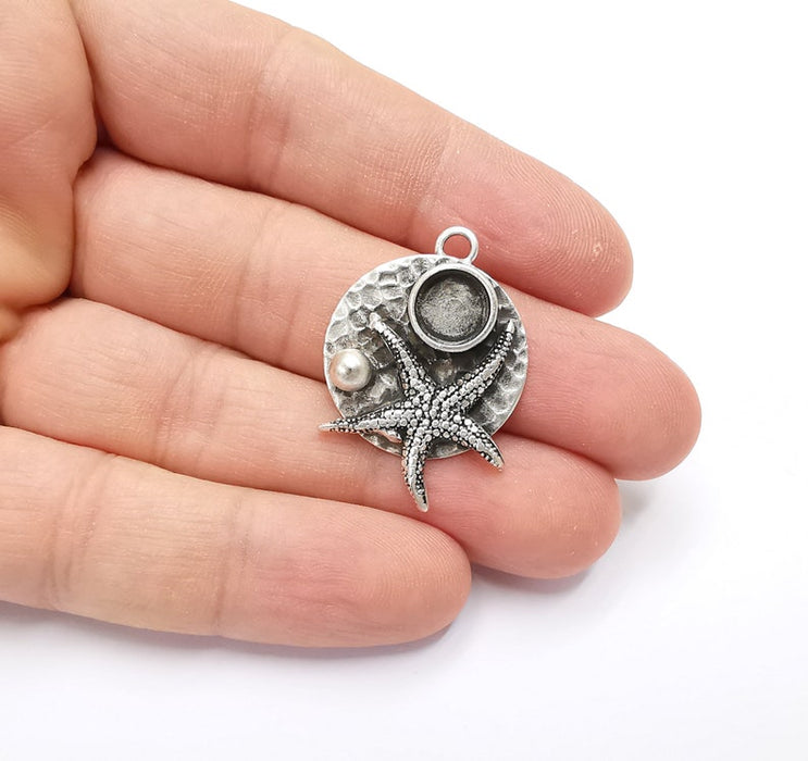 Silver Starfish Ball Pendant Bezel Blank Hammered Pendant Antique Silver Plated Blanks (8mm Blank) G26363