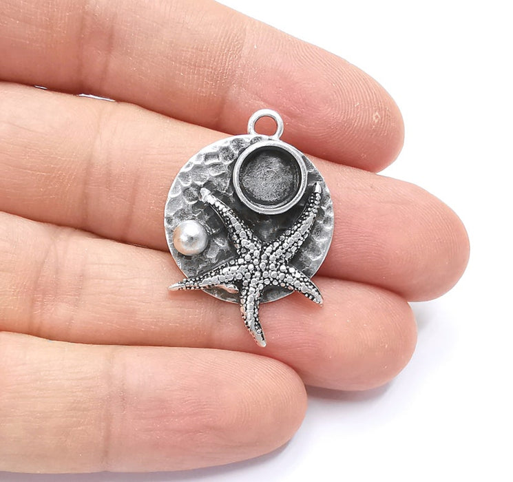 Silver Starfish Ball Pendant Bezel Blank Hammered Pendant Antique Silver Plated Blanks (8mm Blank) G26363