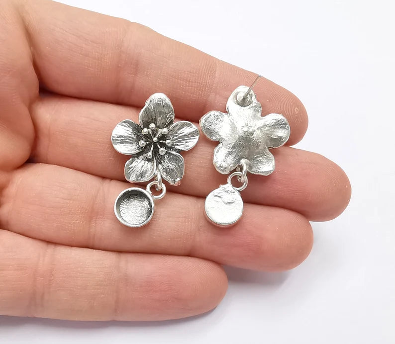 1 Pairs Flower silver dangle earring set base wire Antique silver plated brass earring base (35mm)(8mm blank) G26365