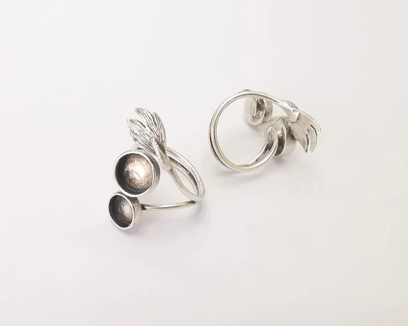 Leaf silver ring setting blank cabochon mounting adjustable ring base bezel Antique silver plated brass (8 and 10 mm) G26189