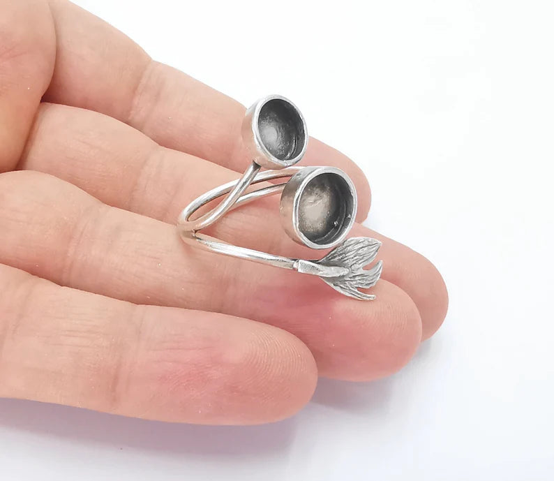 Leaf silver ring setting blank cabochon mounting adjustable ring base bezel Antique silver plated brass (8 and 10 mm) G26189