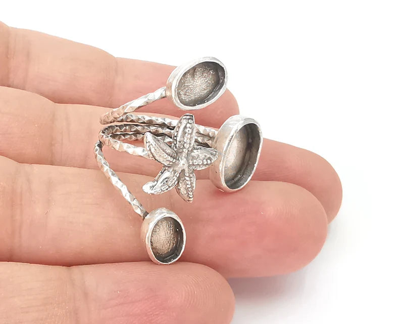 Starfish blank silver ring setting cabochon mounting adjustable ring base bezel Antique silver plated brass G26193