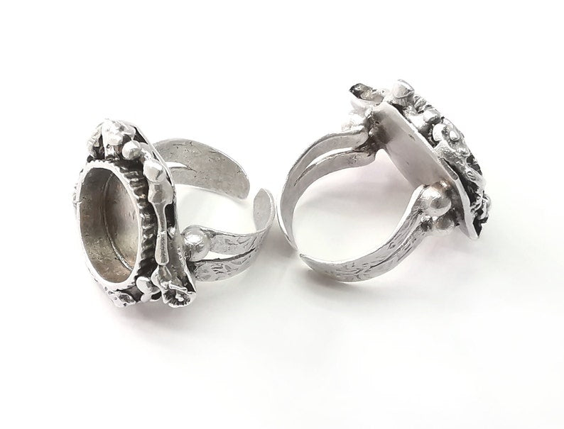 Ethnic blank silver ring setting cabochon mounting adjustable ring base bezel Antique silver plated brass (15mm) G26200