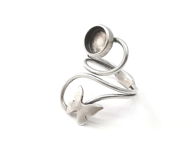 Butterfly silver ring setting blank cabochon mounting Adjustable ring base bezel Antique Silver Plated Brass (8 mm blank) G26201
