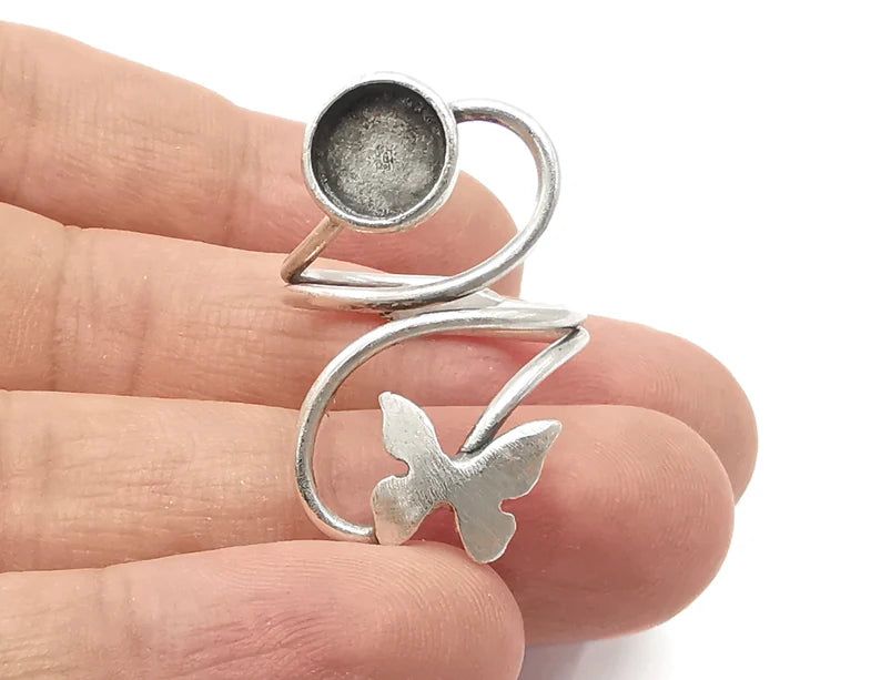 Butterfly silver ring setting blank cabochon mounting Adjustable ring base bezel Antique Silver Plated Brass (8 mm blank) G26201