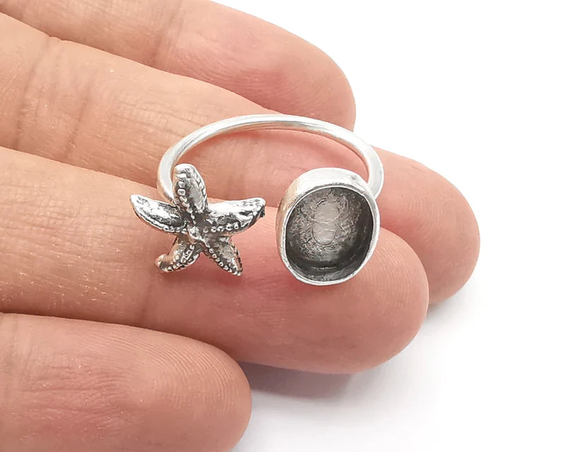 Starfish blank silver ring setting cabochon mounting adjustable ring base bezel Antique silver plated brass (11x8mm) G26203