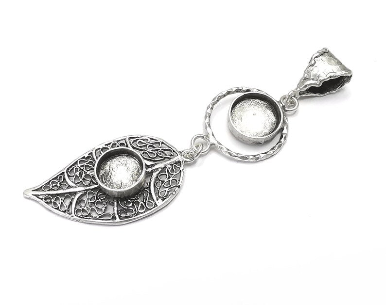 Filigree leaf pendant base setting bezel blank Antique silver plated brass pendant (85mm) G26370