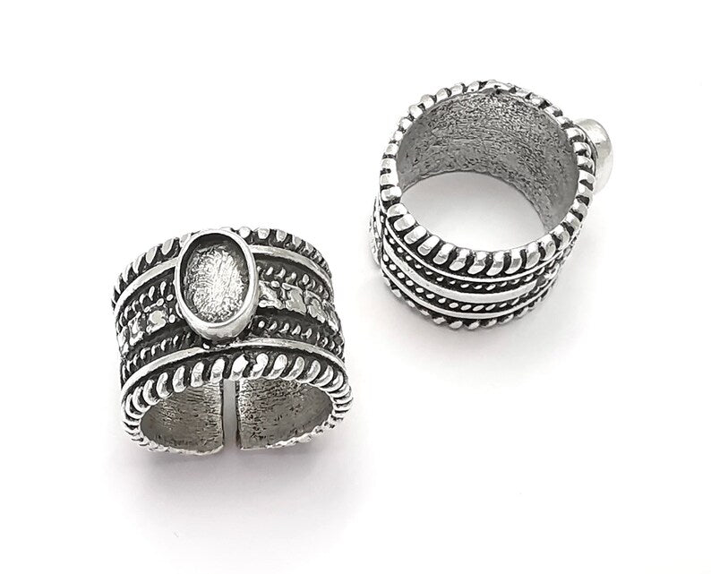 Ethnic silver ring blank base bezel settings Cabochon base mountings Adjustable (9x6mm Blank) , Antique Silver Plated Brass G26373