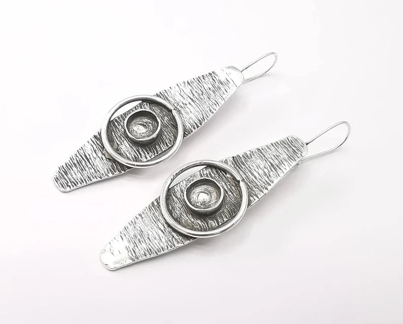 Ethnic earring blank base settings silver resin cabochon inlay blank mountings Antique silver plated brass (8mm blank) 1 Set G26208