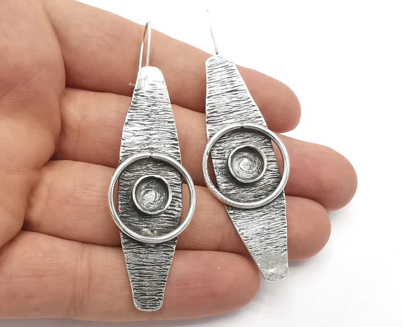 Ethnic earring blank base settings silver resin cabochon inlay blank mountings Antique silver plated brass (8mm blank) 1 Set G26208