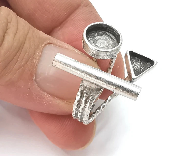 Rod Geometric blanks silver ring setting cabochon mounting adjustable ring base bezel Antique silver plated brass (8 and 6 mm) G26213
