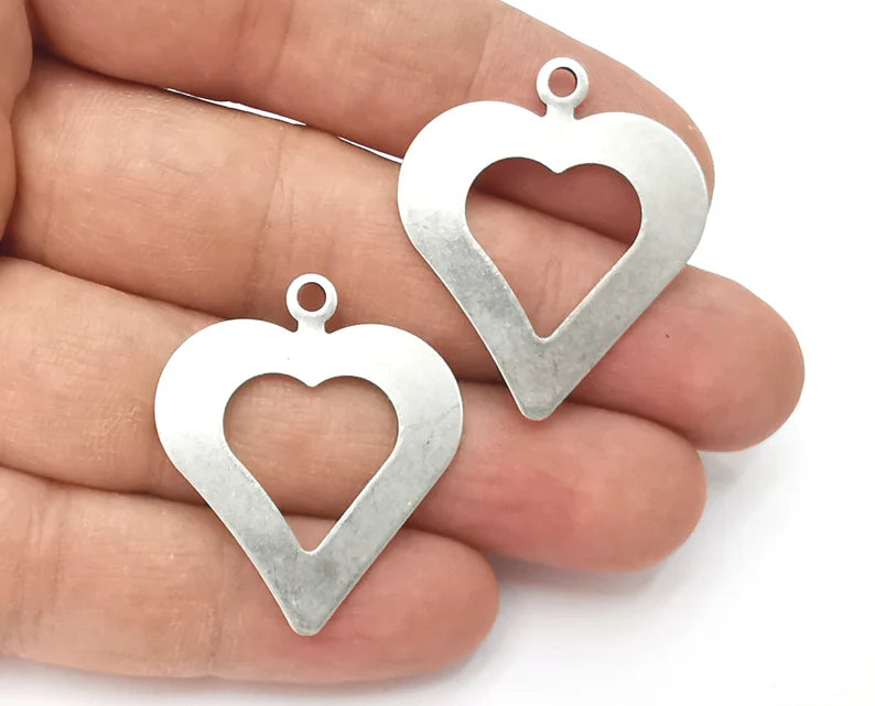 2 Heart charm Antique silver plated brass charm (35x30mm) G26215