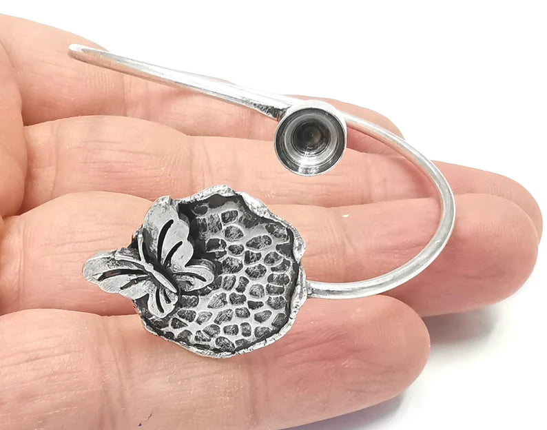 Butterfly hammered bracelet blank resin cuff dry cuff bezel Glass cabochon base Adjustable Antique Silver plated brass (8mm ) G26382