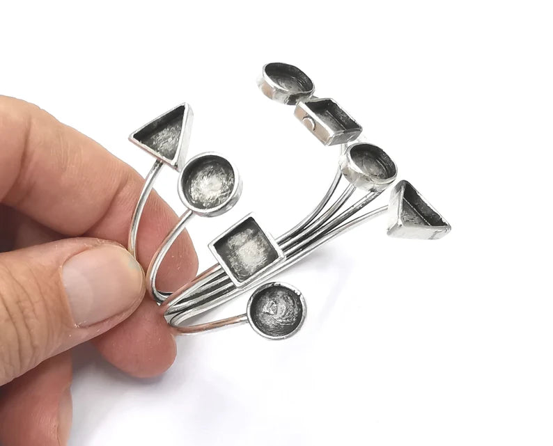Geometric blanks silver bracelet brass cuff blank bezel Glass cabochon base Adjustable antique silver plated brass G26384