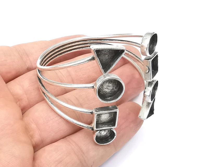 Geometric blanks silver bracelet brass cuff blank bezel Glass cabochon base Adjustable antique silver plated brass G26384