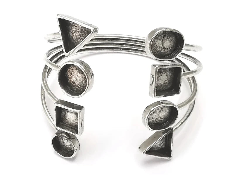 Geometric blanks silver bracelet brass cuff blank bezel Glass cabochon base Adjustable antique silver plated brass G26384