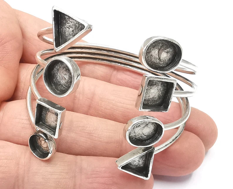 Geometric blanks silver bracelet brass cuff blank bezel Glass cabochon base Adjustable antique silver plated brass G26384