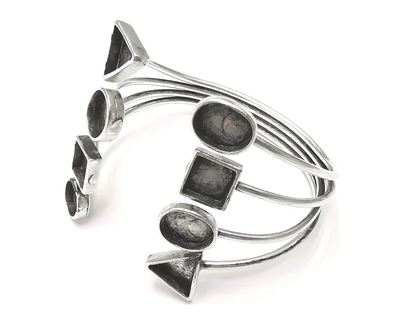 Geometric blanks silver bracelet brass cuff blank bezel Glass cabochon base Adjustable antique silver plated brass G26384