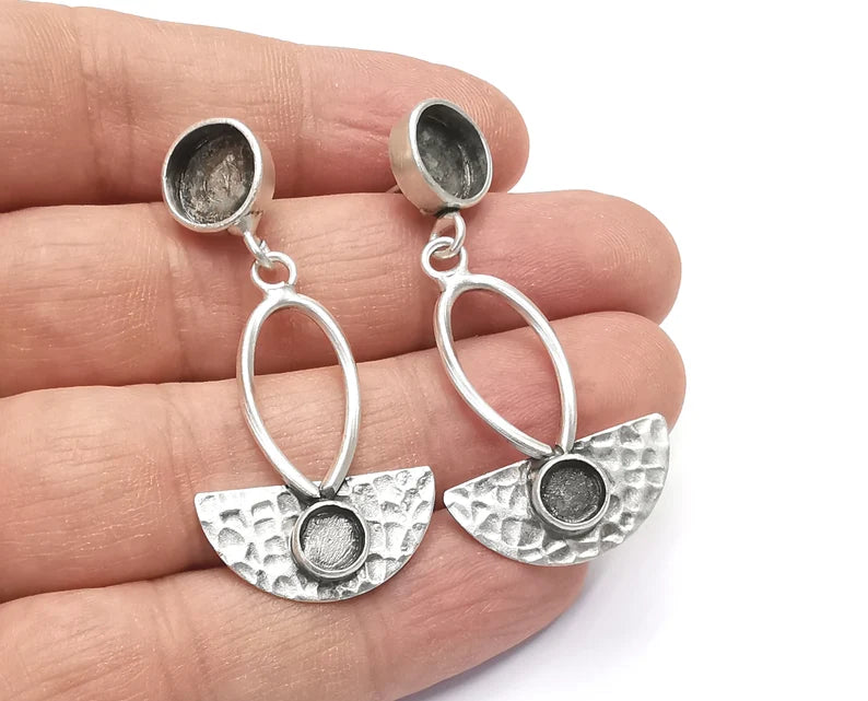 1 Pairs Semi circle hammered silver dangle earring set base wire Antique silver plated brass earring base (50x24mm)(10 - 6 mm blanks) G26388