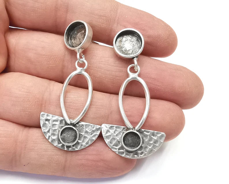 1 Pairs Semi circle hammered silver dangle earring set base wire Antique silver plated brass earring base (50x24mm)(10 - 6 mm blanks) G26388