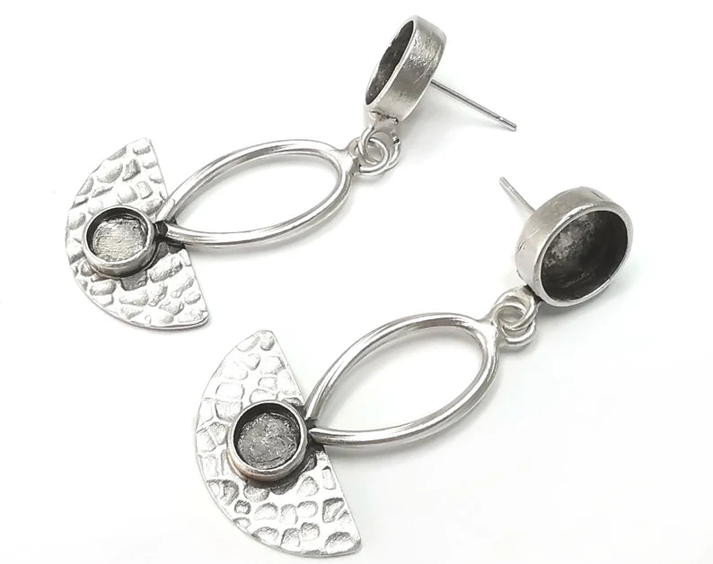 1 Pairs Semi circle hammered silver dangle earring set base wire Antique silver plated brass earring base (50x24mm)(10 - 6 mm blanks) G26388