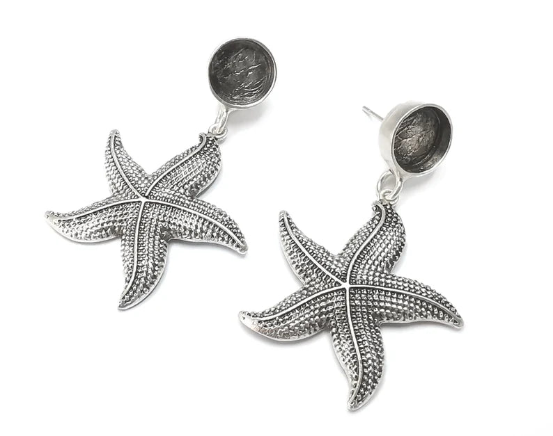 1 Pairs Starfish silver dangle earring set base wire Antique silver plated brass earring base (48x31mm)(10 mm blanks) G26389