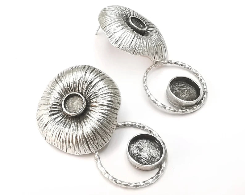 Leaf mushrooms silver dangle earring set base wire Antique silver plated brass earring base (52x29mm)(10 and 6 mm blanks) G26390