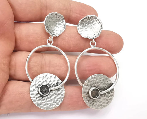 Hammered disc silver dangle earring set base wire Antique silver plated brass earring base (65x31mm)( 6 mm blanks) G26392