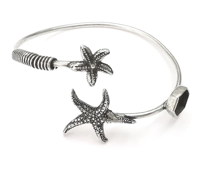 Starfish bracelet blank resin cuff dry cuff bezel Glass cabochon base Adjustable Antique Silver plated brass (8mm ) G26393