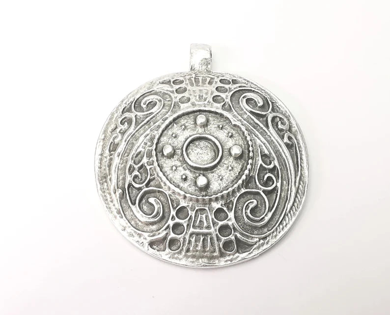 Ethnic round pendant blank bezel Antique silver plated pendant (58x48mm) G26228