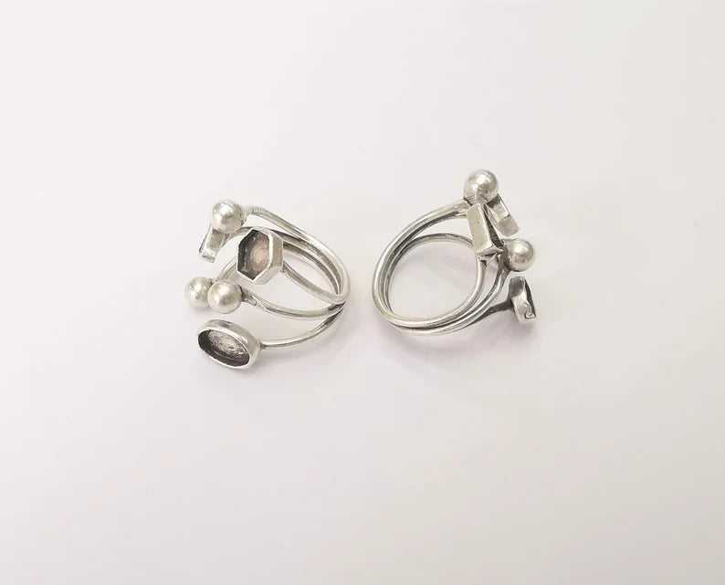 Geometric blanks silver ring setting cabochon mounting adjustable ring base bezel Antique silver plated brass G26229