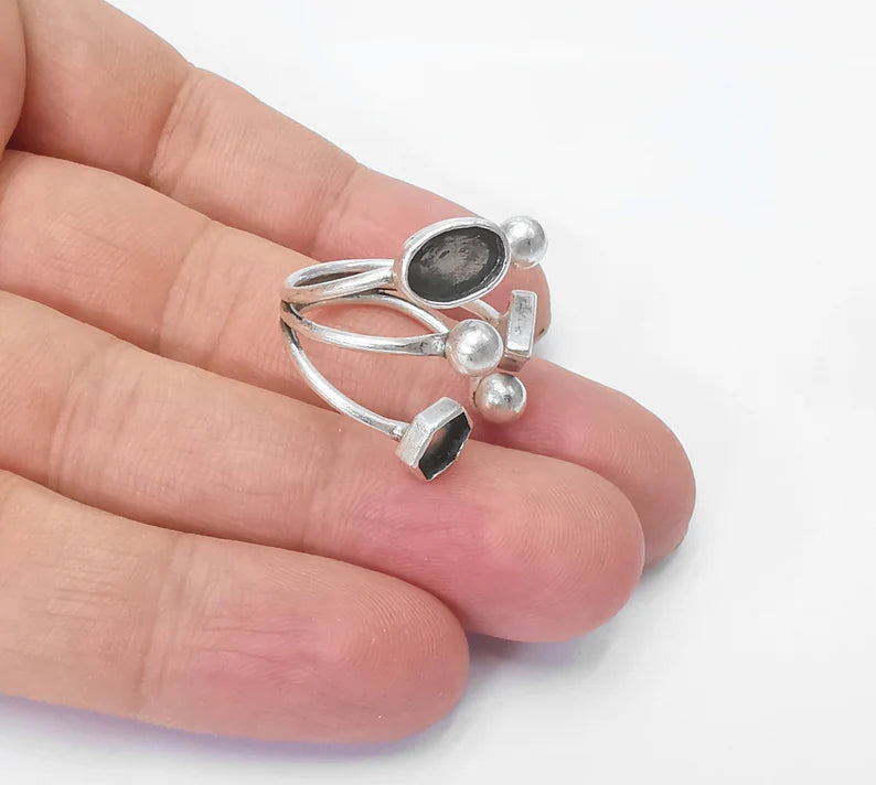 Geometric blanks silver ring setting cabochon mounting adjustable ring base bezel Antique silver plated brass G26229