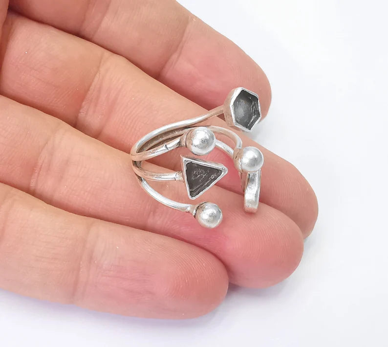 Geometric blanks silver ring setting cabochon mounting adjustable ring base bezel Antique silver plated brass G26229