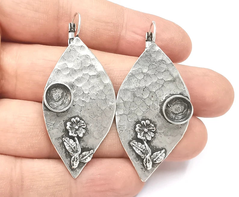 Flower leaf earring blank base settings silver resin cabochon inlay blank mountings Antique silver plated brass (8mm blanks) 1 Set G26401