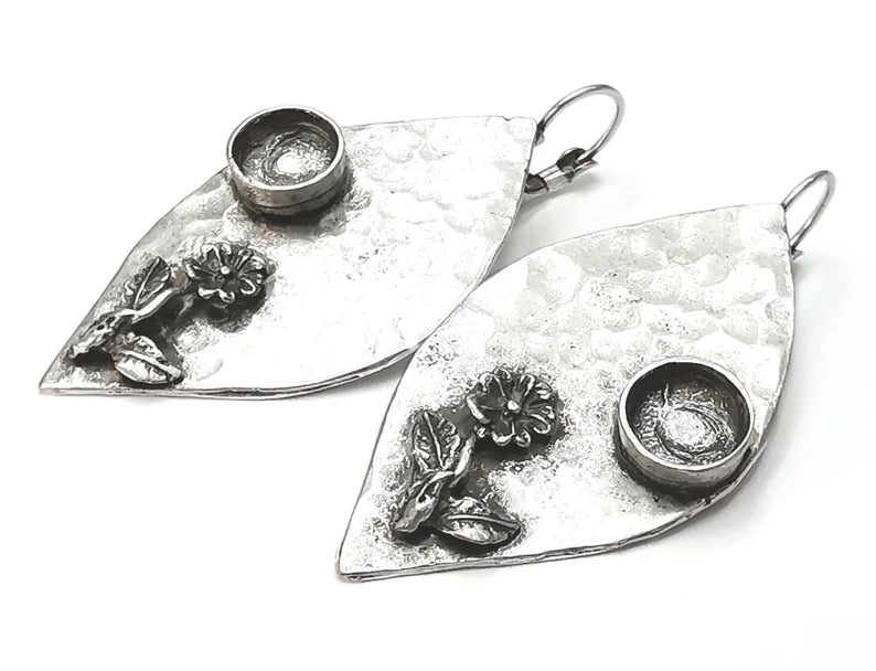 Flower leaf earring blank base settings silver resin cabochon inlay blank mountings Antique silver plated brass (8mm blanks) 1 Set G26401