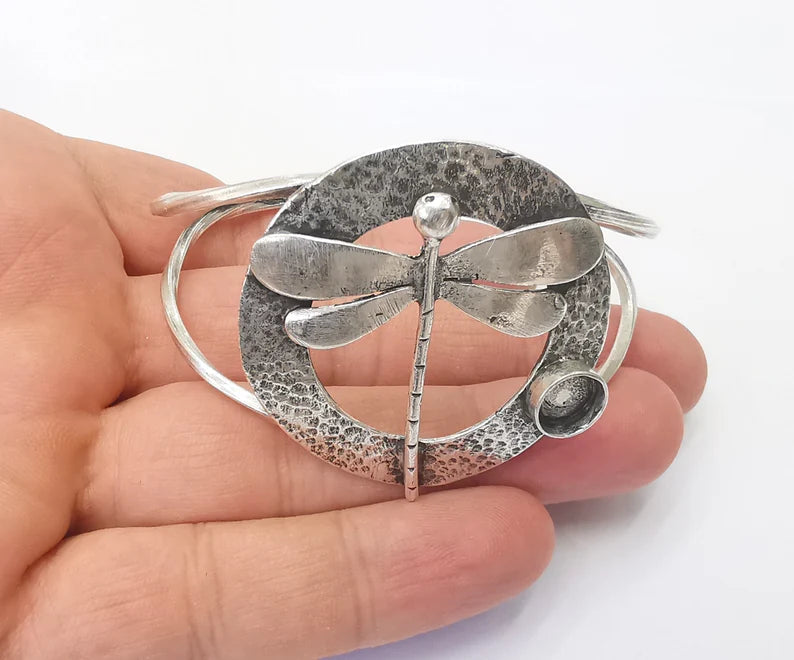 Dragonfly silver bracelet brass cuff blank bezel Glass cabochon base Adjustable antique silver brass (8mm blank) G26231