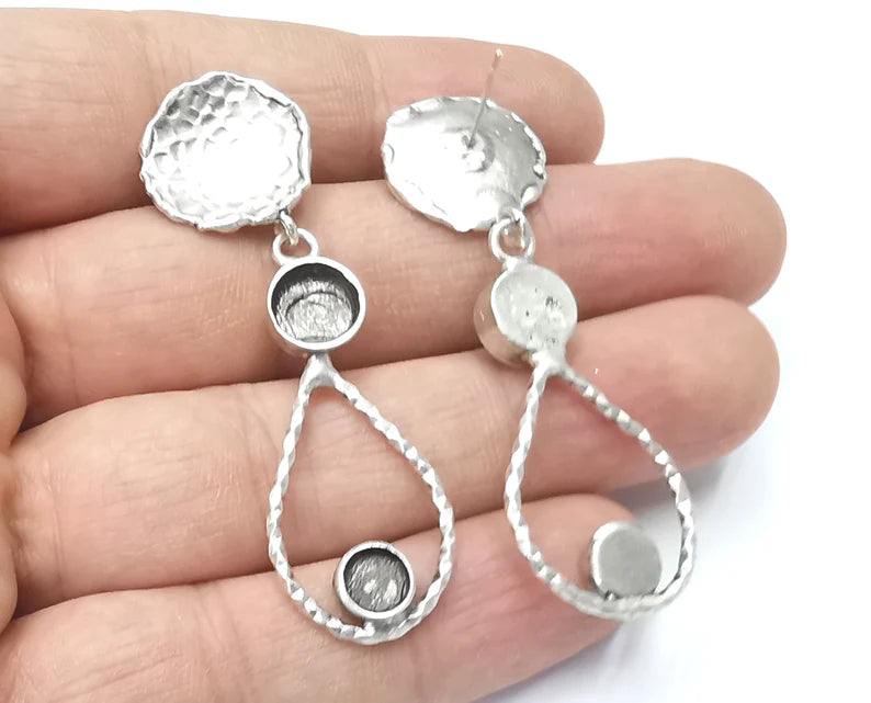1 Pairs Drop Hammered Disc silver Dangle Earring Set Base Wire Antique Silver Plated Brass Earring Base (59x20mm)( 8 mm blanks) G26404