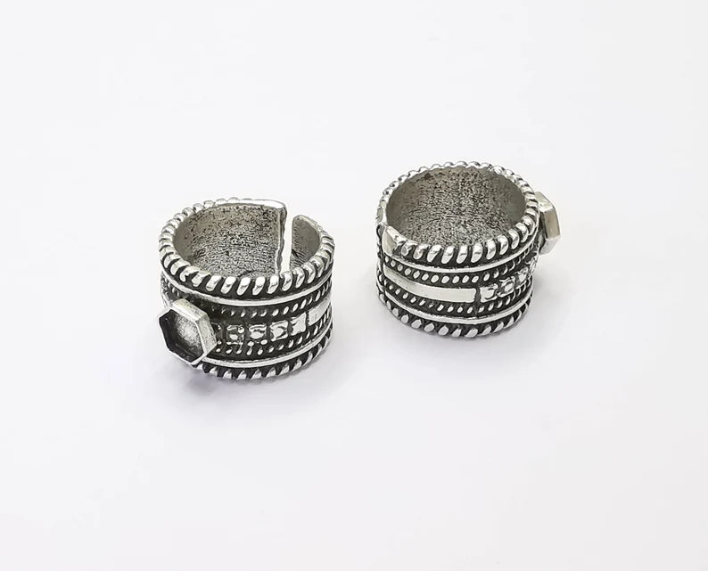 Hexagon Ring Bases, Ring Blanks, Ring Bezel Setting, Ring Frame, Cabochon Mountings Adjustable Antique Silver Plated Brass (6mm) G26406