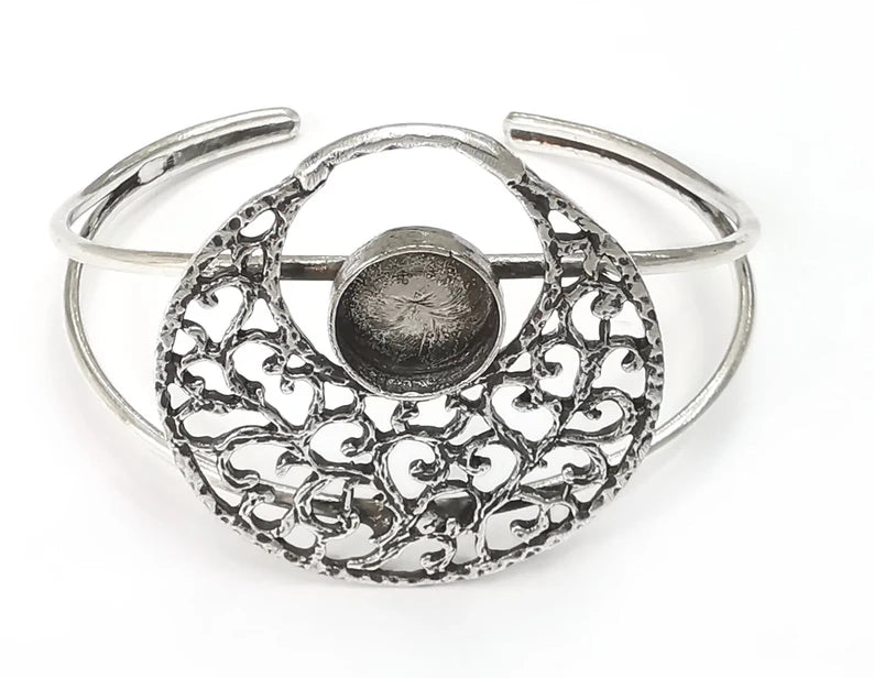 Filigree silver bracelet brass cuff blank bezel Glass cabochon base Adjustable antique silver brass (12 mm) G26317