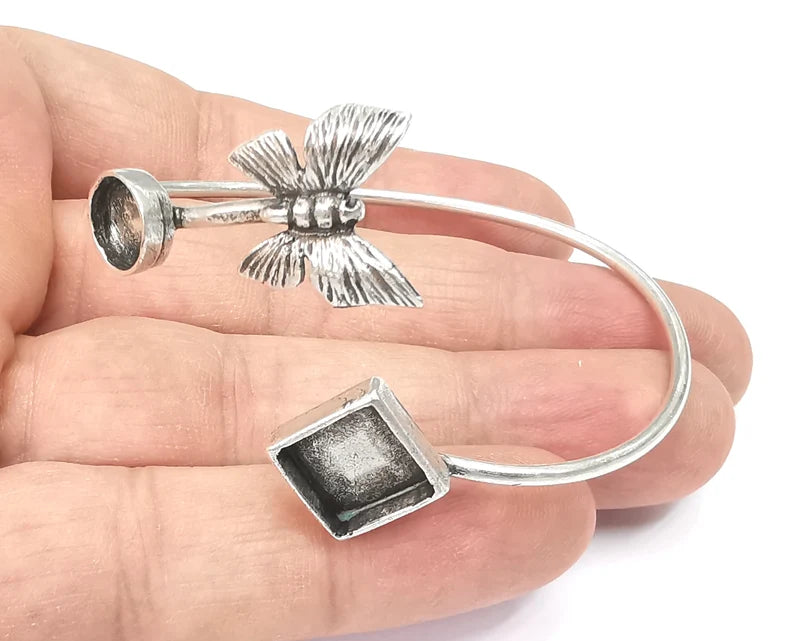 Butterfly Bracelet Blank Resin Cuff Dry Bezel Glass Cabochon Base Adjustable Antique Silver Plated Brass (10 and 8mm Blanks ) G26407
