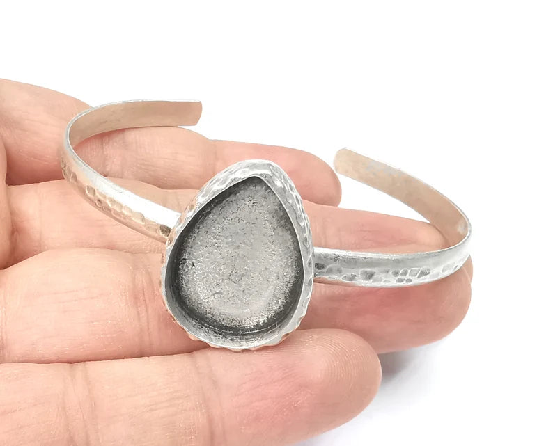 Drop Bracelet Blank Cuff Bezel Cabochon Base Resin Mountings Adjustable Antique Silver Plated Brass Bracelet (25x18mm Blank) G26408