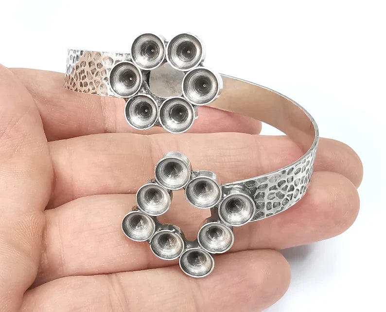 Hammered Bracelet Blank Cuff Bezel Cabochon Base Resin Mountings Adjustable Antique Silver Plated Brass Bracelet (8mm Blanks) G26409