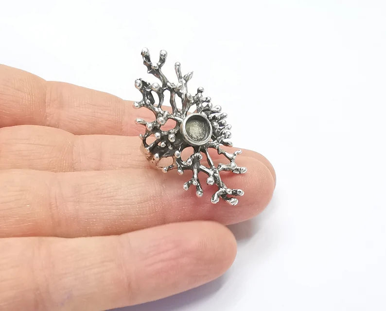 Coral Blanks Silver Ring Setting Cabochon Mounting Adjustable Ring Base Bezel Antique Silver Plated Brass (6mm) G26410