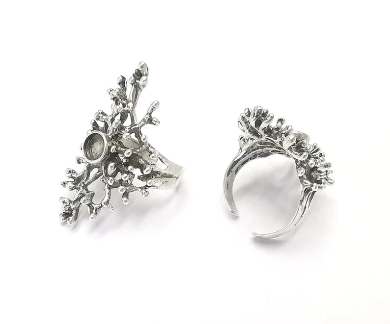 Coral Blanks Silver Ring Setting Cabochon Mounting Adjustable Ring Base Bezel Antique Silver Plated Brass (6mm) G26410