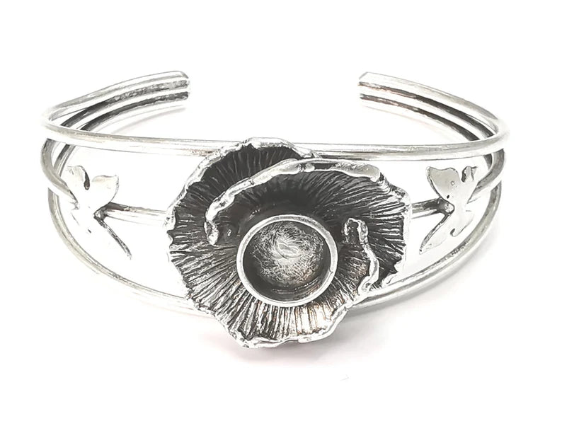 Flower Butterfly Bracelet Blank Cuff Bezel Cabochon Base Resin Mountings Adjustable Antique Silver Plated Brass Bracelet (10mm Blank) G26411